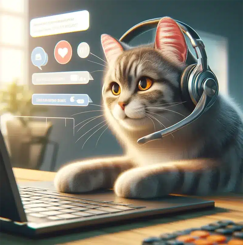 Katze sitzt am Laptop als technischer Support